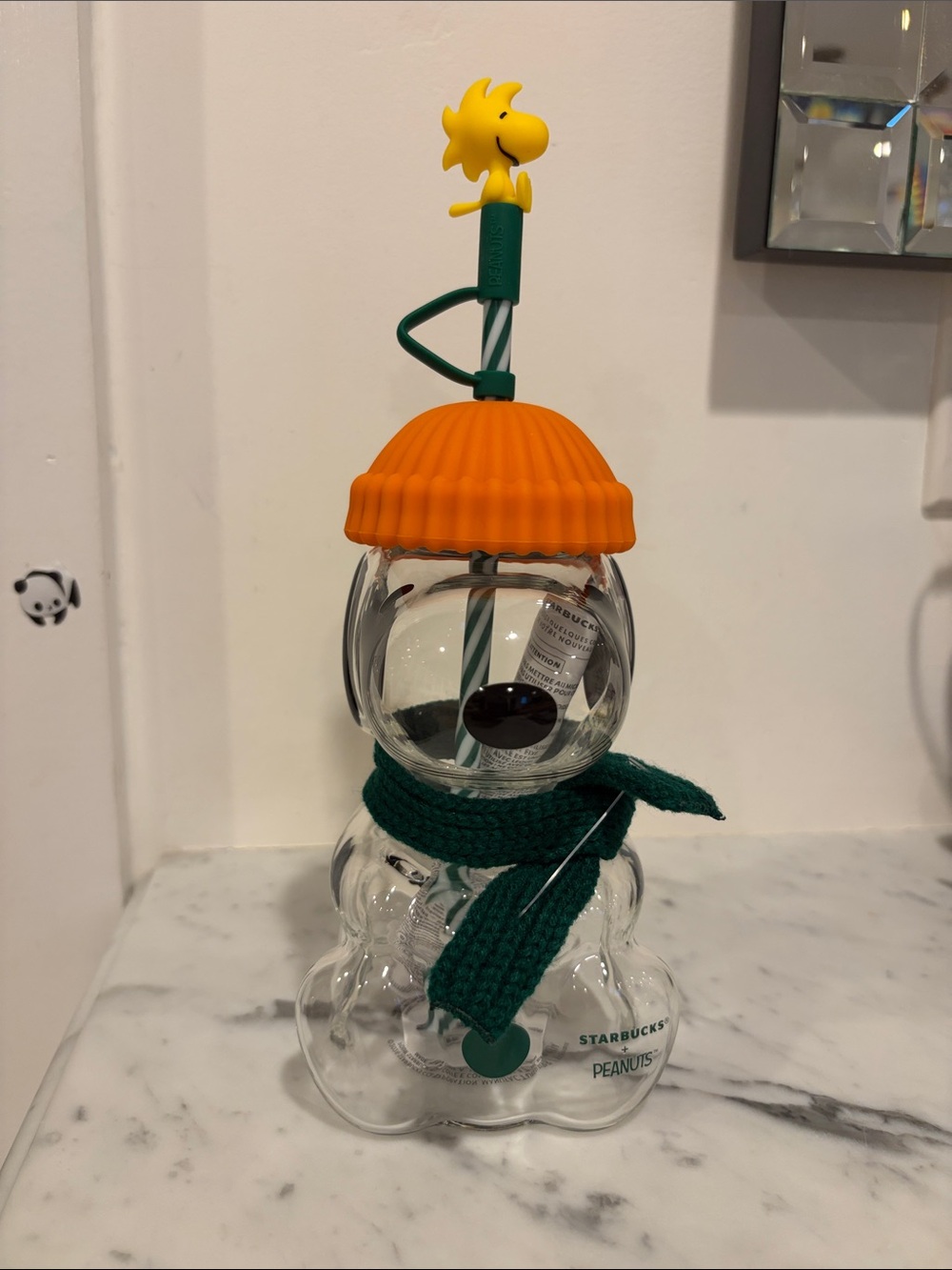 Starbucks Peanuts Snoopy Glass Cold Cup Tumbler with Orange Hat & Green Scarf